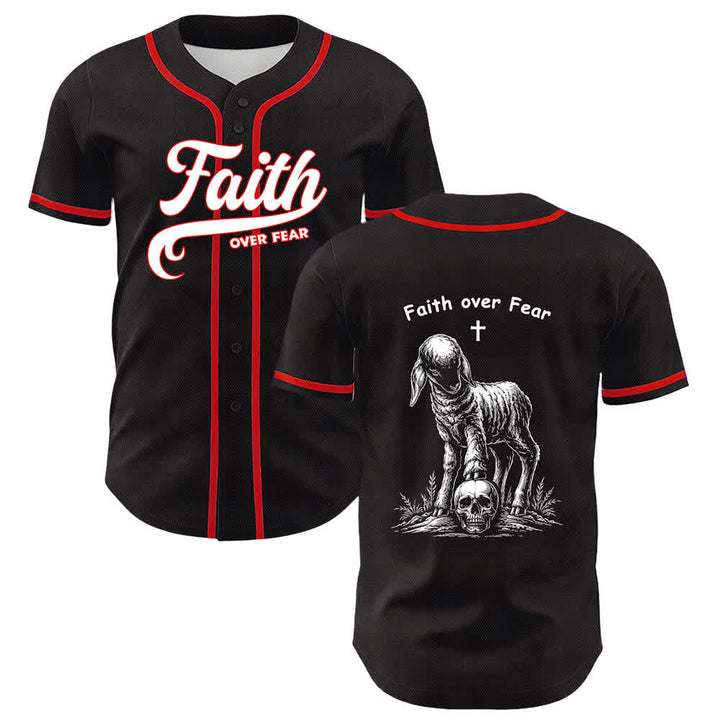 Camiseta de béisbol unisex con estampado de calavera, cordero y cruz de Christianartworkshop , "Fe sobre el miedo". - Rojo - 5XL - image 3