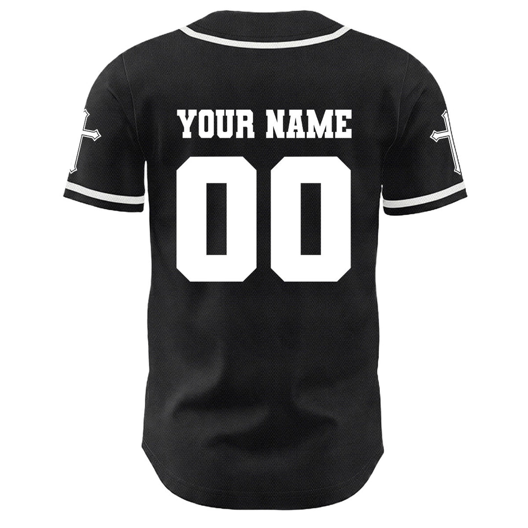Camiseta de béisbol unisex con diseño de la crucifixión de Jesús y manga personalizada con nombre y número en Christianartworkshop. - image 2