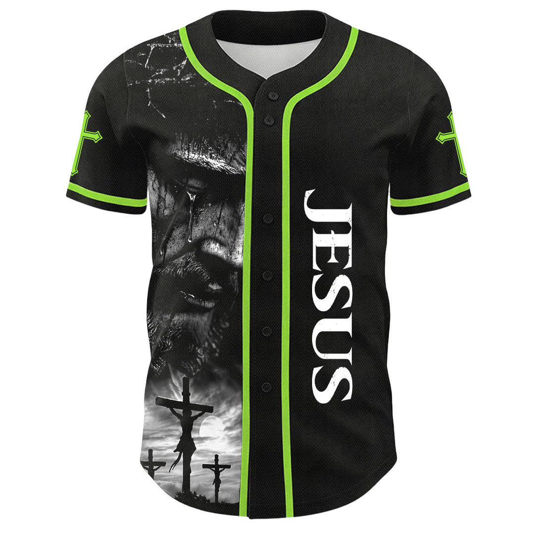 Camiseta de béisbol unisex con diseño de la crucifixión de Jesús y manga personalizada con nombre y número en Christianartworkshop. - image 7