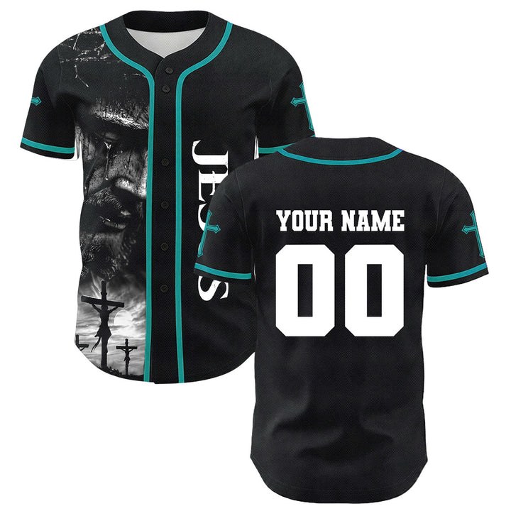Camiseta de béisbol unisex con diseño de la crucifixión de Jesús y manga personalizada con nombre y número en Christianartworkshop. - image 33