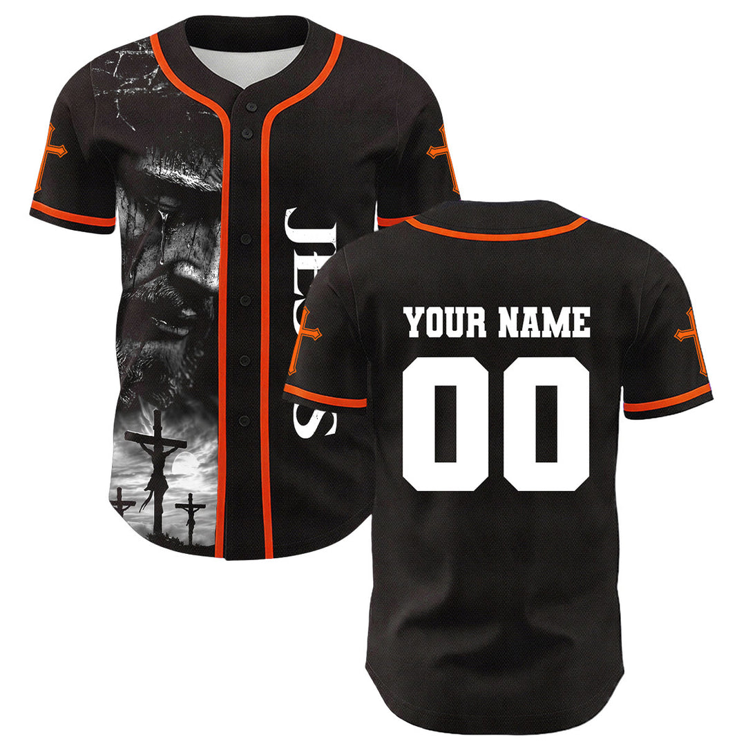Camiseta de béisbol unisex con diseño de la crucifixión de Jesús y manga personalizada con nombre y número en Christianartworkshop. - image 25