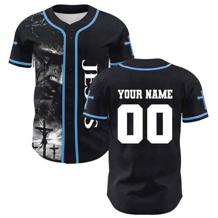 Camiseta de béisbol unisex con diseño de la crucifixión de Jesús y manga personalizada con nombre y número en Christianartworkshop. - image 13