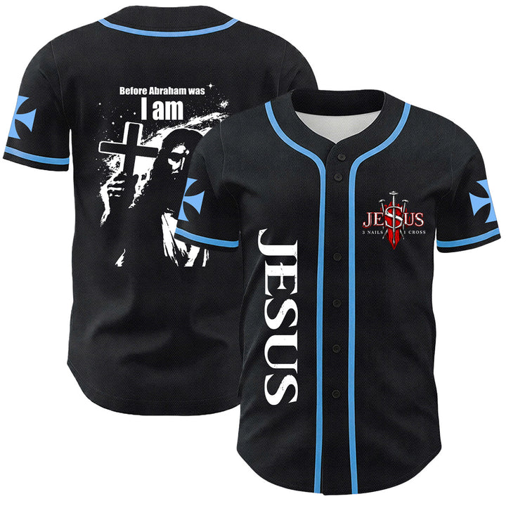 Christianartworkshop Antes de que Abraham existiera, yo soy Jesús. Camiseta de béisbol unisex con estampado de cruz y clavos. - Azul - 5XL - image 9