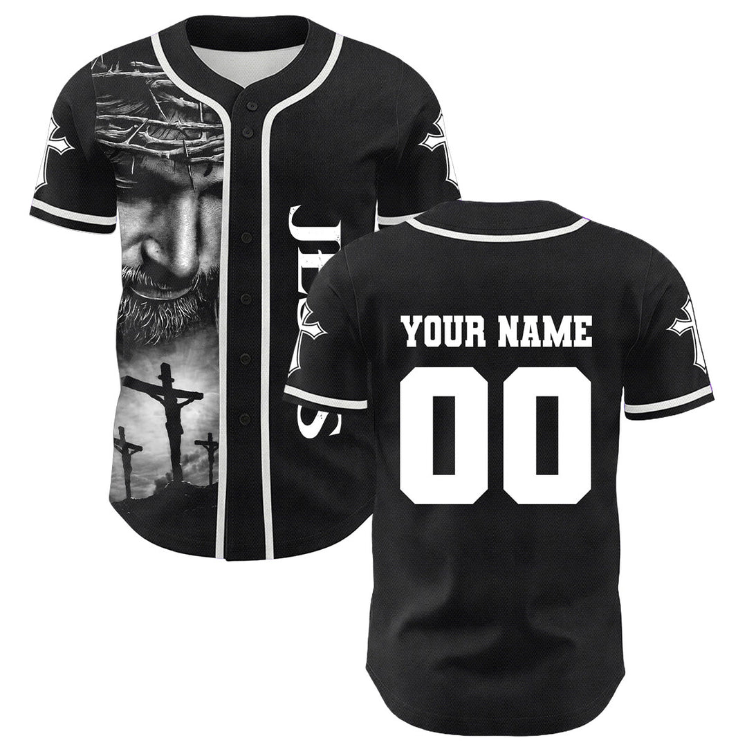Camiseta de béisbol unisex con diseño de la Corona de Espinas de Jesús, nombre y número personalizados, manga cruzada, de Christianartworkshop. - image 1