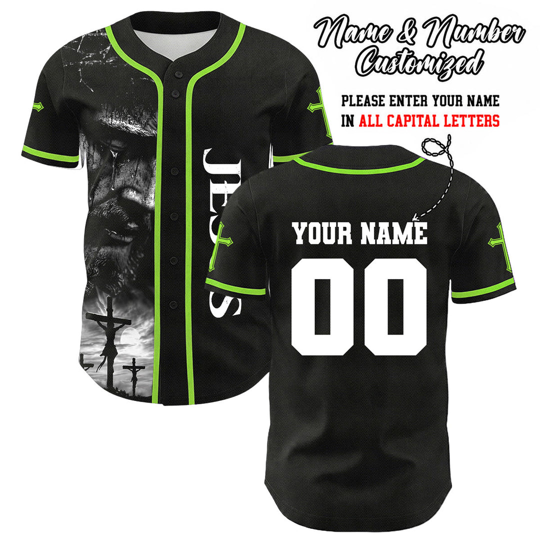 Camiseta de béisbol unisex con diseño de la crucifixión de Jesús y manga personalizada con nombre y número en Christianartworkshop. - Verde claro - 5XL - image 4