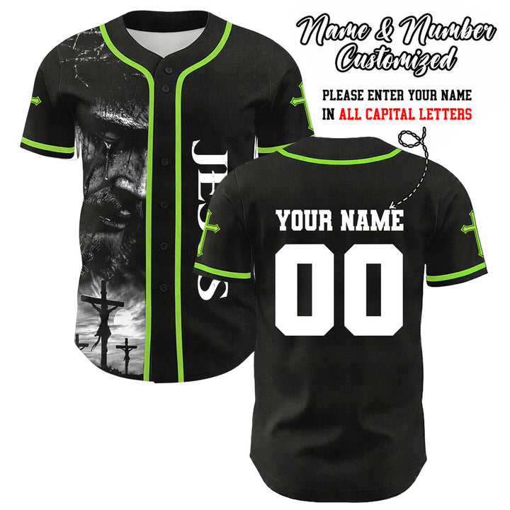 Camiseta de béisbol unisex con diseño de la crucifixión de Jesús y manga personalizada con nombre y número en Christianartworkshop. - Verde claro - 5XL - image 4