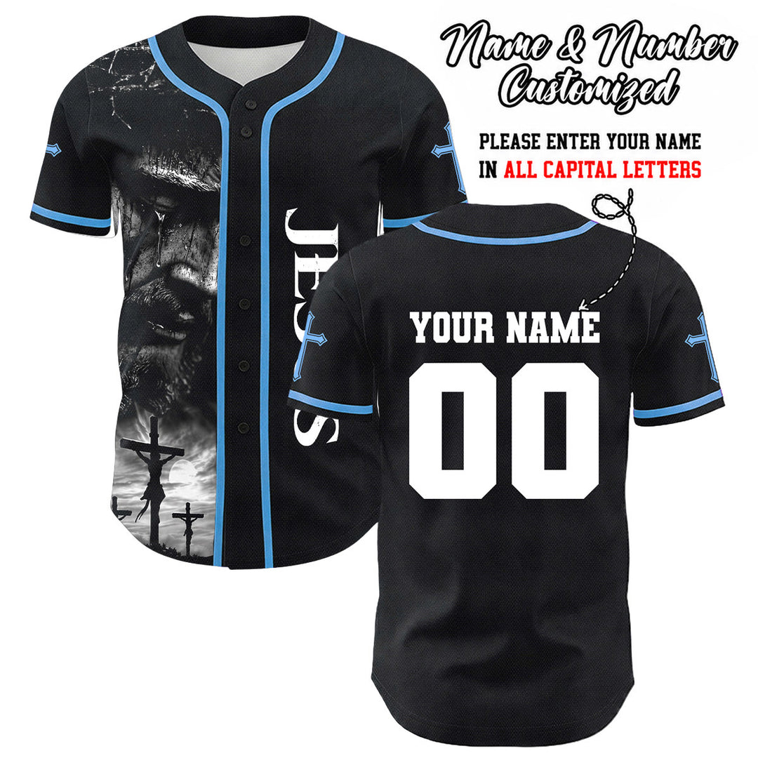 Camiseta de béisbol unisex con diseño de la crucifixión de Jesús y manga personalizada con nombre y número en Christianartworkshop. - Azul - 5XL - image 12