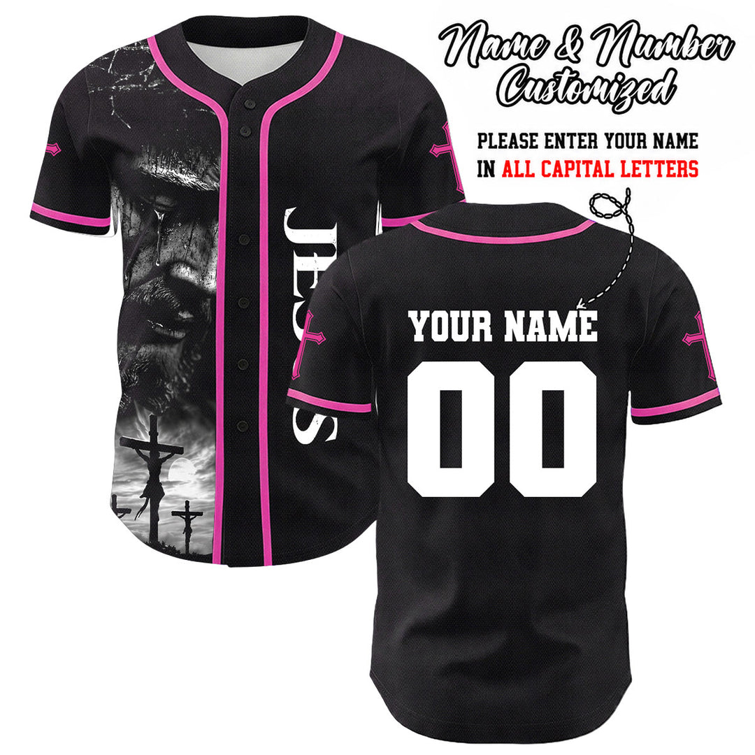 Camiseta de béisbol unisex con diseño de la crucifixión de Jesús y manga personalizada con nombre y número en Christianartworkshop. - Rosa - 5XL - image 16