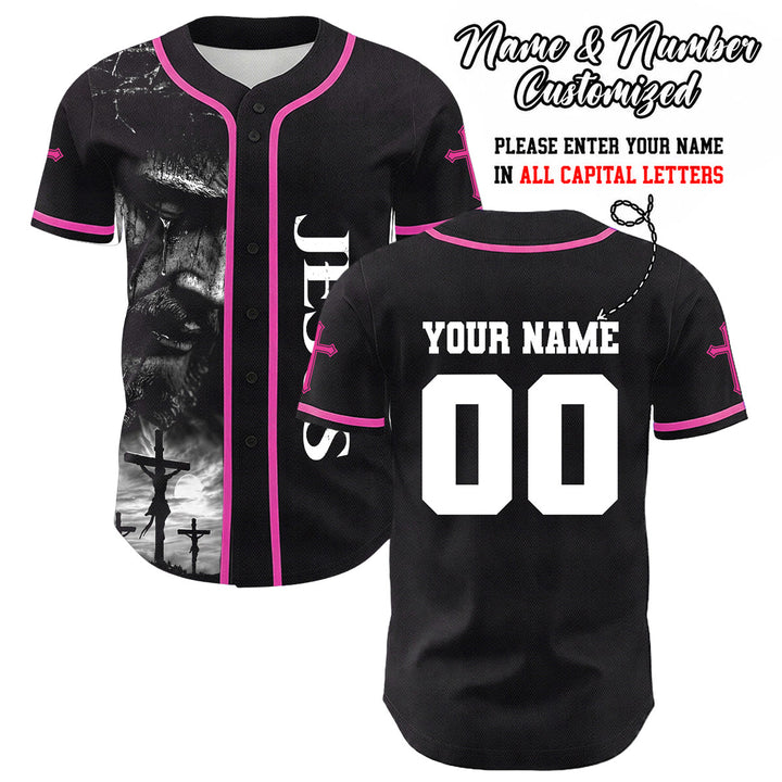 Camiseta de béisbol unisex con diseño de la crucifixión de Jesús y manga personalizada con nombre y número en Christianartworkshop. - Rosa - 5XL - image 16