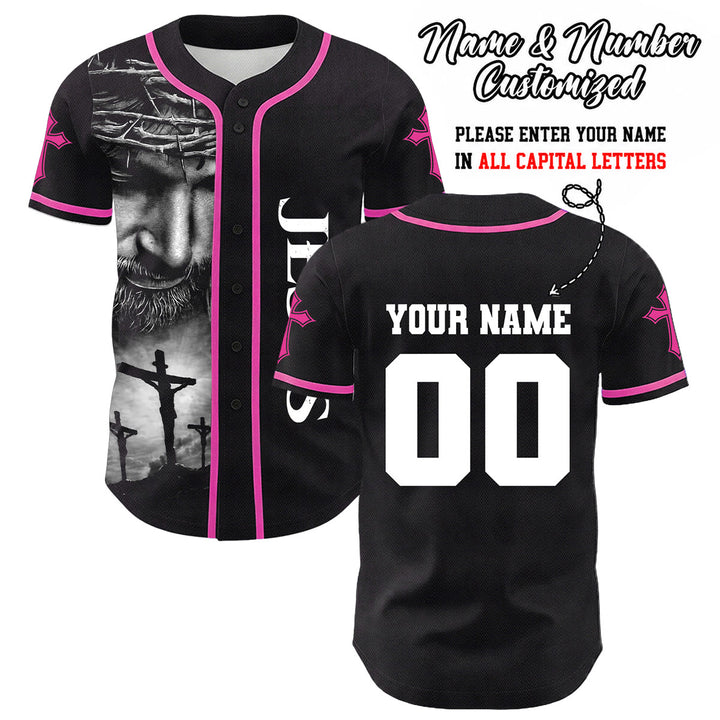 Camiseta de béisbol unisex con diseño de la Corona de Espinas de Jesús, nombre y número personalizados, manga cruzada, de Christianartworkshop. - Rosa - 5XL - Nombre y número personalizados - image 16
