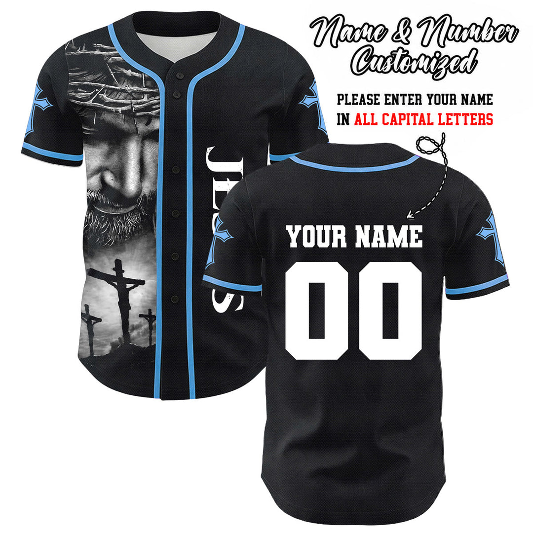 Camiseta de béisbol unisex con diseño de la Corona de Espinas de Jesús, nombre y número personalizados, manga cruzada, de Christianartworkshop. - Azul - 5XL - Nombre y número personalizados - image 12