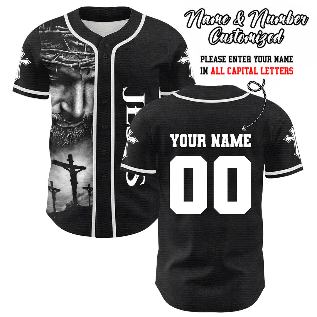 Christianartworkshop Camiseta de béisbol unisex con manga cruzada y nombre personalizado de Jesús Corona de Espinas - Blanco - 5XL - Nombre y número personalizados - image 0