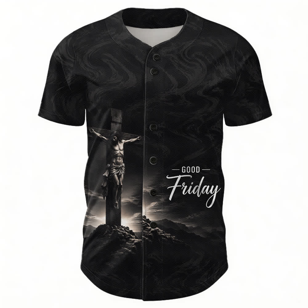 Christianartworkshop Viernes Santo Jesús Crucifixión Cruz Fondo Remolino Camiseta de béisbol unisex - image 1