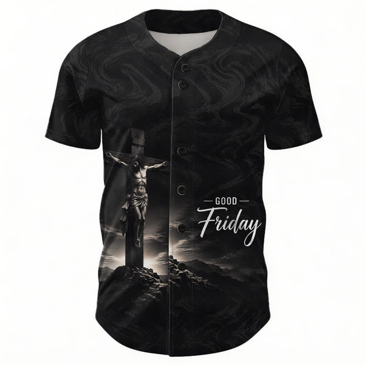 Christianartworkshop Viernes Santo Jesús Crucifixión Cruz Fondo Remolino Camiseta de béisbol unisex - image 1