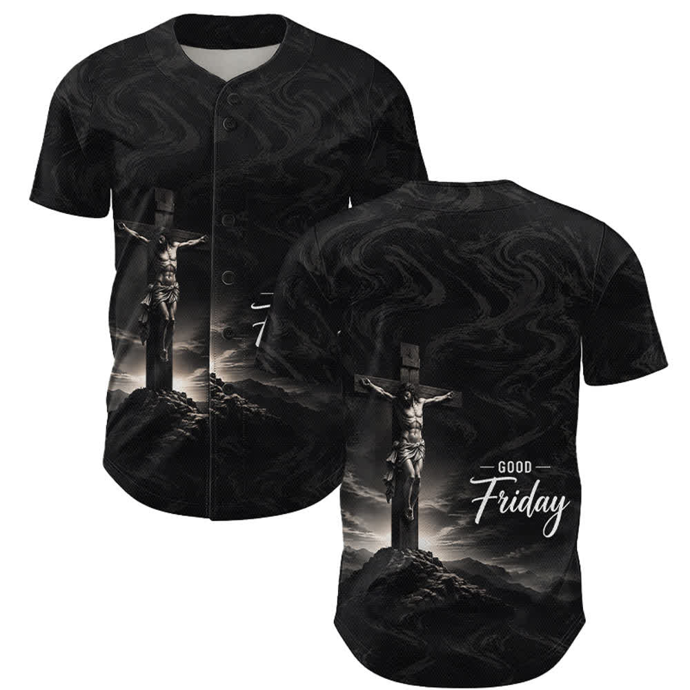 Christianartworkshop Viernes Santo Jesús Crucifixión Cruz Fondo Remolino Camiseta de béisbol unisex - 5XL - image 0