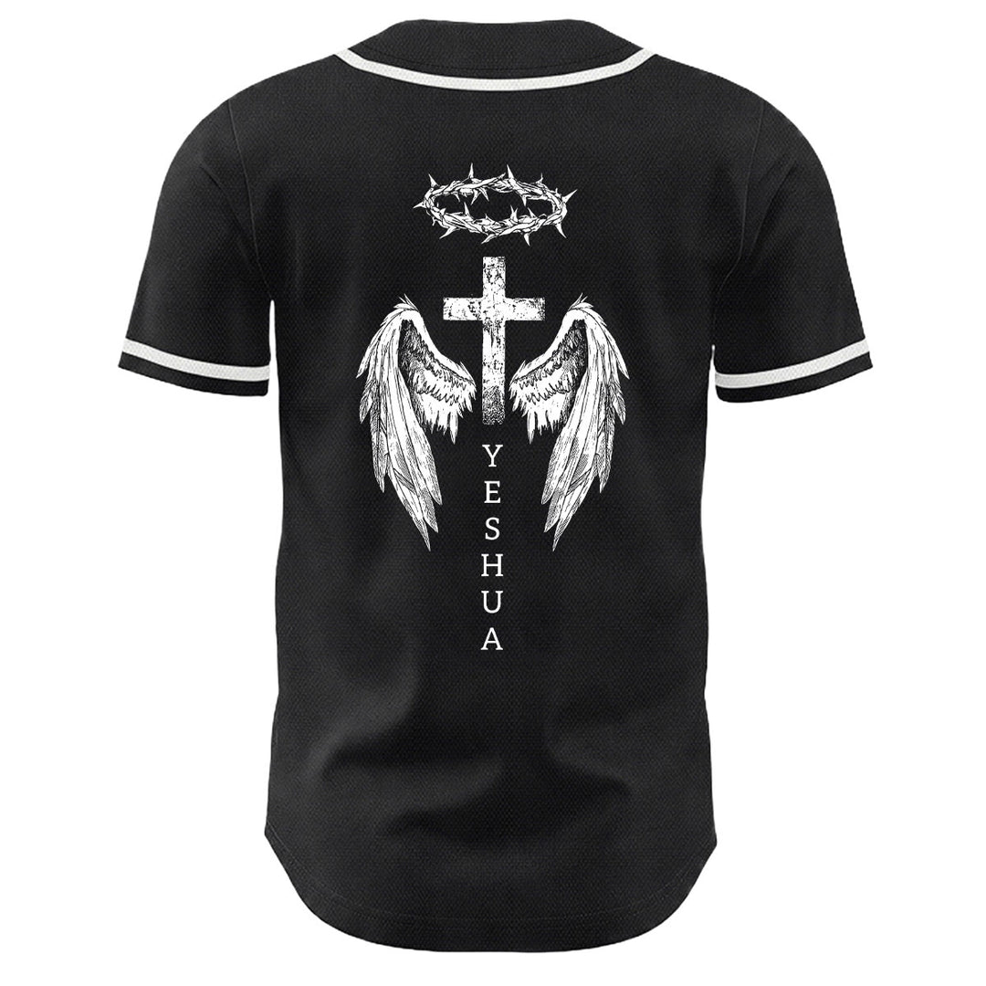 Camiseta de béisbol unisex con diseño de Yeshua, corona de espinas, cruz y alas de ángel de Christianartworkshop. - image 1