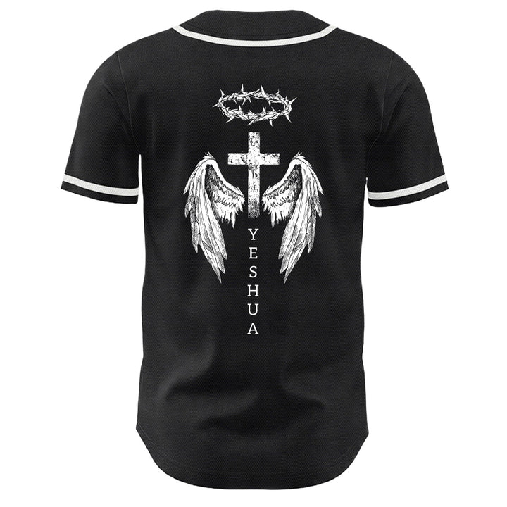 Camiseta de béisbol unisex con diseño de Yeshua, corona de espinas, cruz y alas de ángel de Christianartworkshop. - image 1