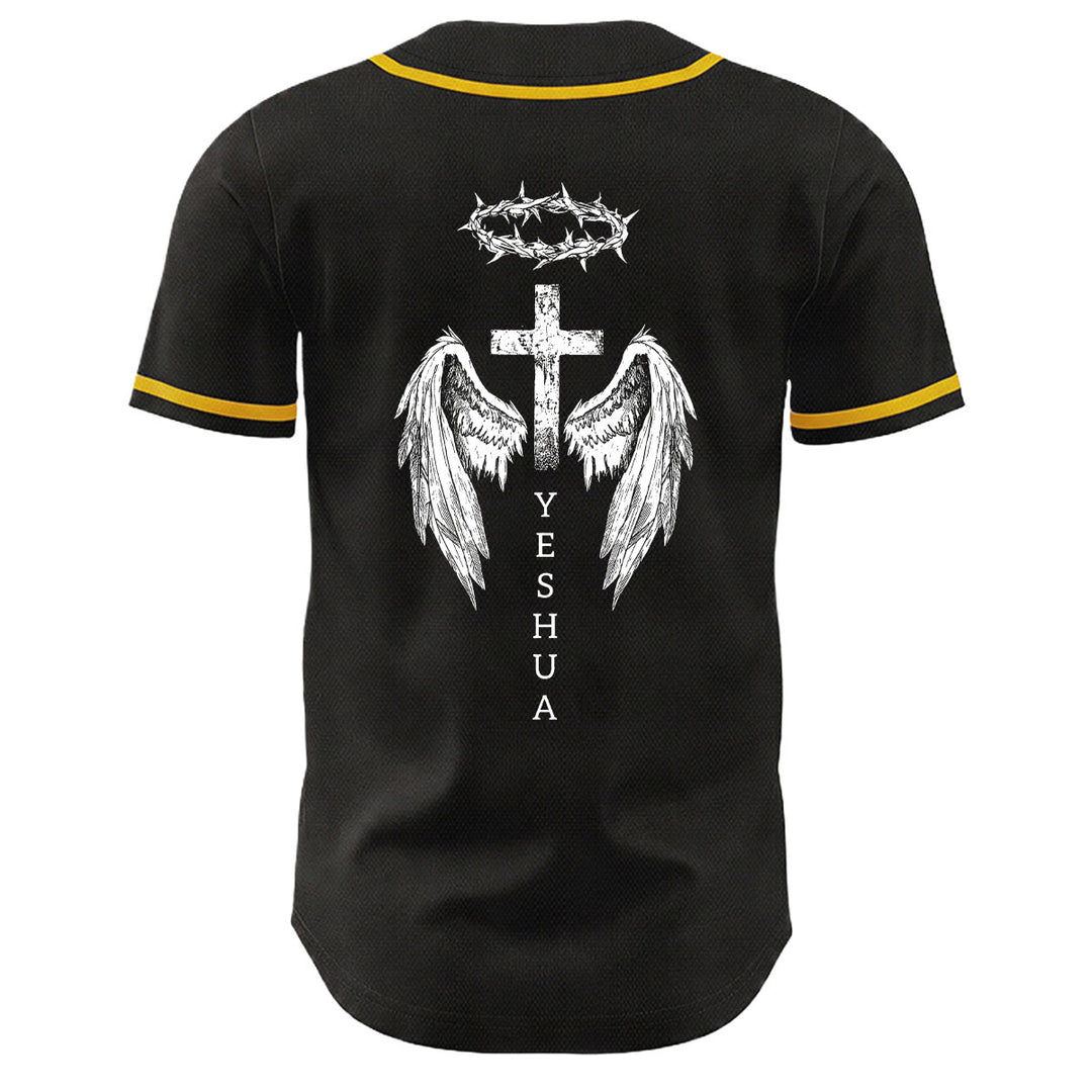 Camiseta de béisbol unisex con diseño de Yeshua, corona de espinas, cruz y alas de ángel de Christianartworkshop. - image 4