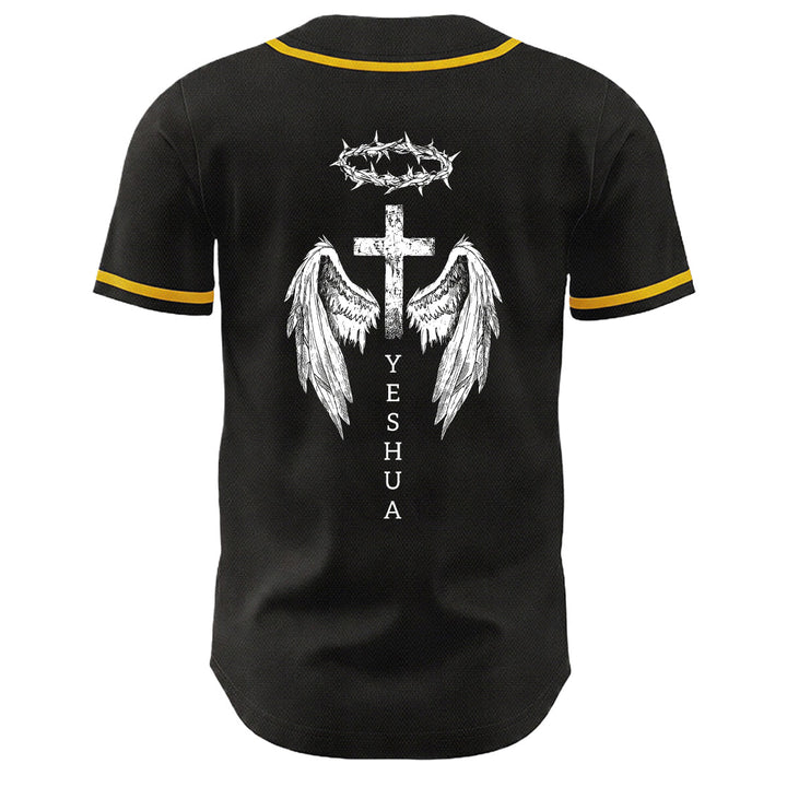 Camiseta de béisbol unisex con diseño de Yeshua, corona de espinas, cruz y alas de ángel de Christianartworkshop. - image 4