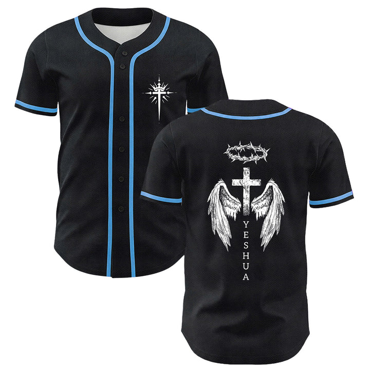 Camiseta de béisbol unisex con diseño de Yeshua, corona de espinas, cruz y alas de ángel de Christianartworkshop. - Azul - 5XL - image 6