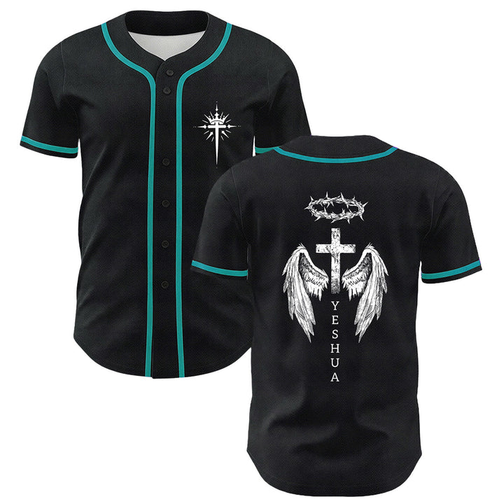 Camiseta de béisbol unisex con diseño de Yeshua, corona de espinas, cruz y alas de ángel de Christianartworkshop. - Verde oscuro - 5XL - image 24