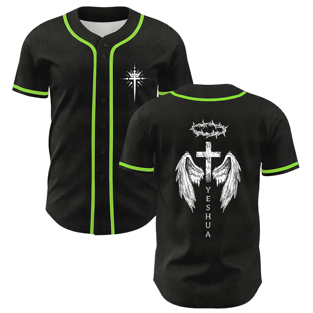 Camiseta de béisbol unisex con diseño de Yeshua, corona de espinas, cruz y alas de ángel de Christianartworkshop. - Verde claro - 5XL - image 18