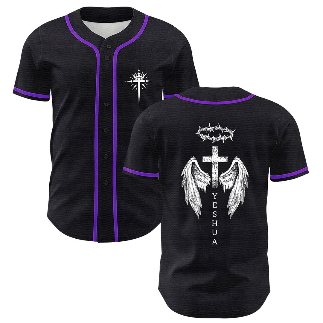 Camiseta de béisbol unisex con diseño de Yeshua, corona de espinas, cruz y alas de ángel de Christianartworkshop. - Púrpura - 5XL - image 21