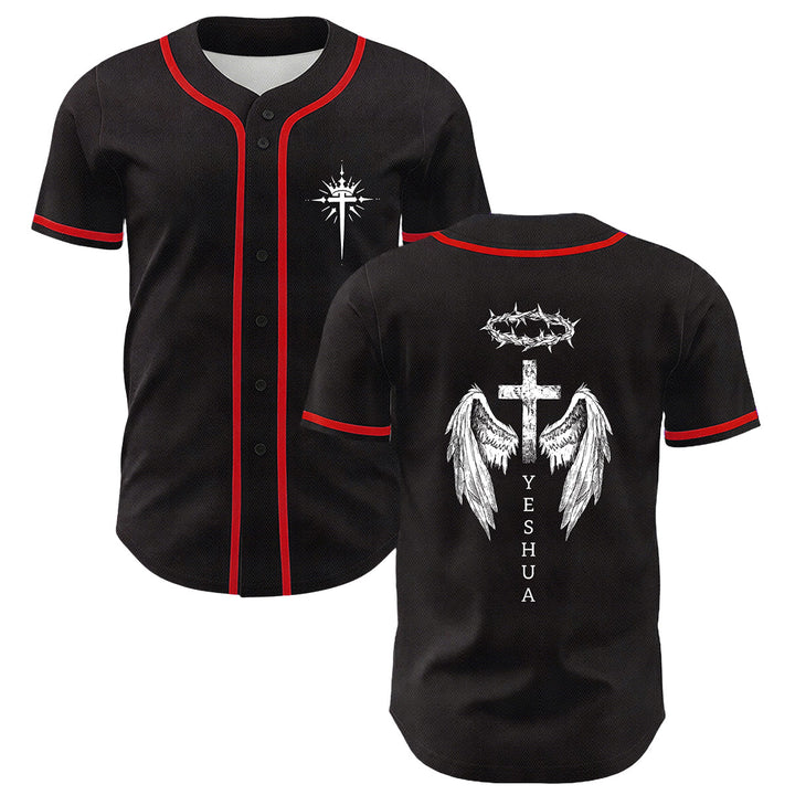 Camiseta de béisbol unisex con diseño de Yeshua, corona de espinas, cruz y alas de ángel de Christianartworkshop. - Rojo - 5XL - image 12