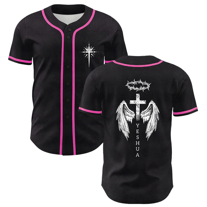 Camiseta de béisbol unisex con diseño de Yeshua, corona de espinas, cruz y alas de ángel de Christianartworkshop. - Rosa - 5XL - image 9