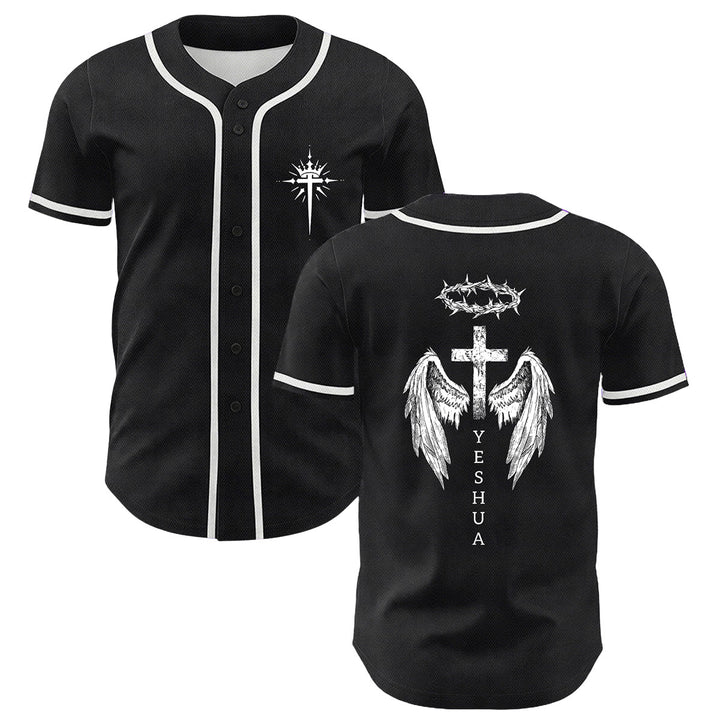 Camiseta de béisbol unisex con diseño de Yeshua, corona de espinas, cruz y alas de ángel de Christianartworkshop. - Blanco - 5XL - image 0