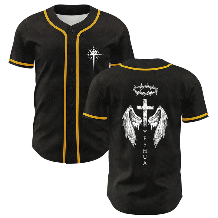 Camiseta de béisbol unisex con diseño de Yeshua, corona de espinas, cruz y alas de ángel de Christianartworkshop. - Amarillo - 5XL - image 3