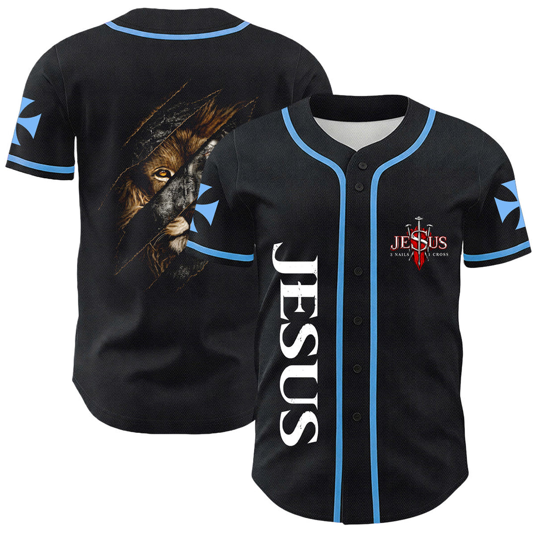 Christianartworkshop Jesús León de Judá Rasgado Rayo 3 Clavos Cruz Camiseta de béisbol unisex - Azul - 5XL - image 6
