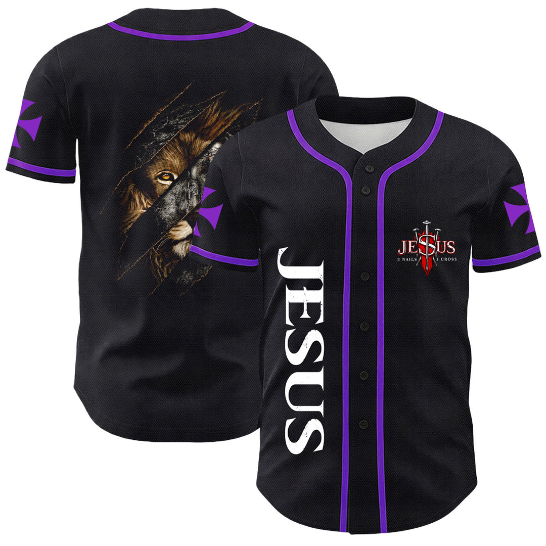 Christianartworkshop Jesús León de Judá Rasgado Rayo 3 Clavos Cruz Camiseta de béisbol unisex - Púrpura - 5XL - image 21