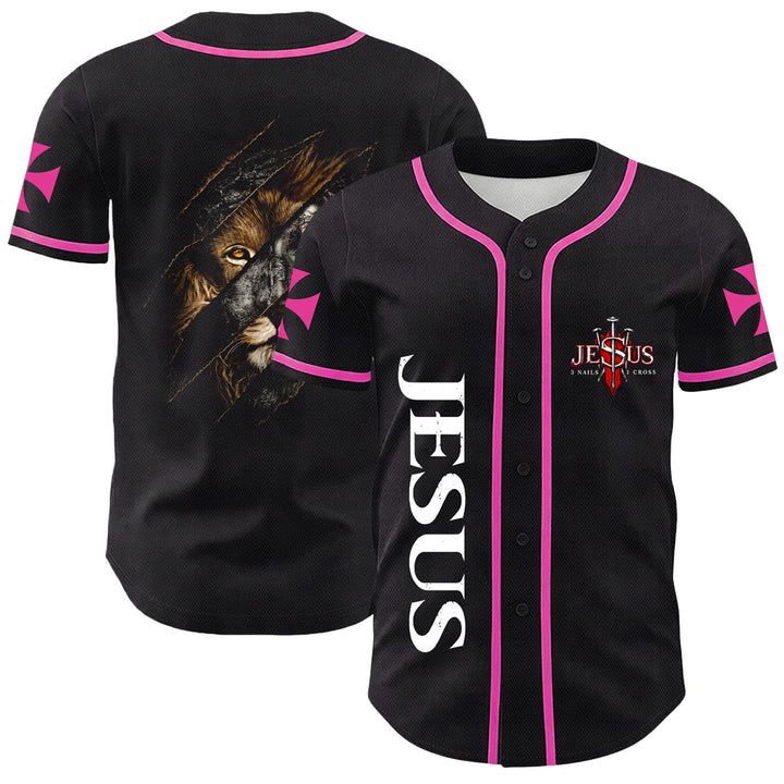 Christianartworkshop Jesús León de Judá Rasgado Rayo 3 Clavos Cruz Camiseta de béisbol unisex - Rosa - 5XL - image 12