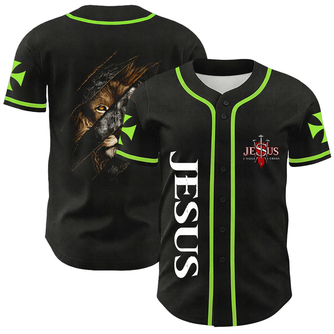Christianartworkshop Jesús León de Judá Rasgado Rayo 3 Clavos Cruz Camiseta de béisbol unisex - Verde claro - 5XL - image 18