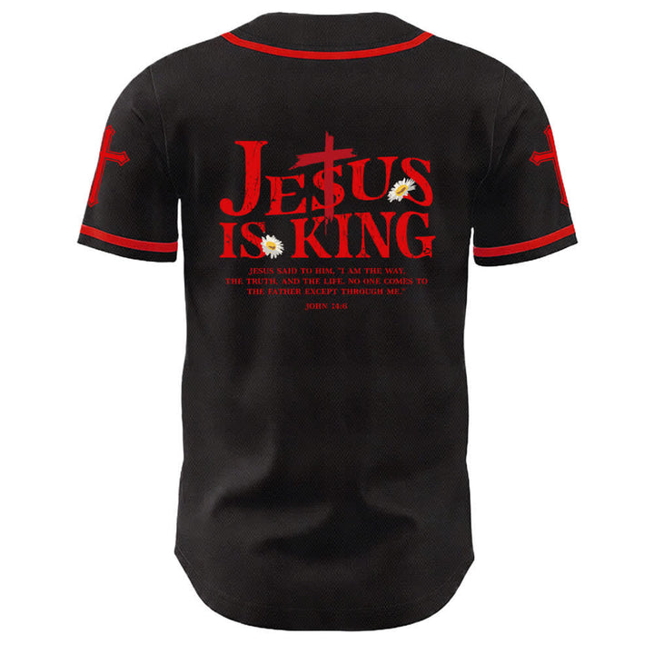 Camiseta de béisbol unisex con la imagen de Jesús como rey (Juan 14:6, 3 clavos, 1 cruz) de Christianartworkshop. - image 1