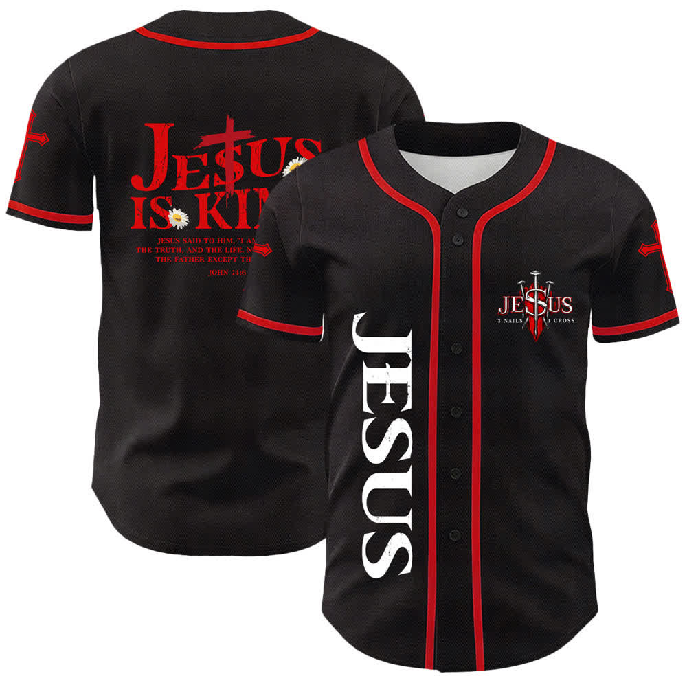 Christianartworkshop Jesús es Rey Juan 14:6 3 Clavos 1 Cruz Camiseta de béisbol unisex - Rojo - 5XL - image 0
