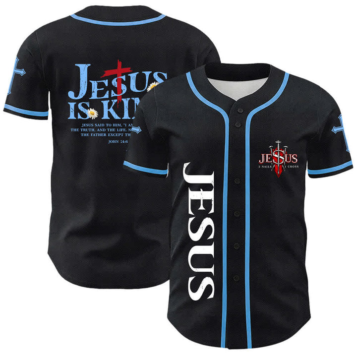 Camiseta de béisbol unisex con la imagen de Jesús como rey (Juan 14:6, 3 clavos, 1 cruz) de Christianartworkshop. - Azul - 5XL - image 12