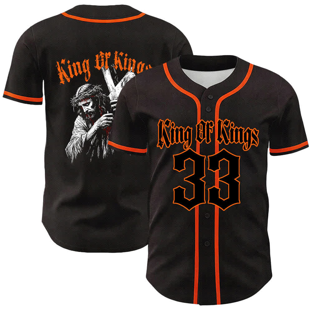 Camiseta de béisbol unisex de Christianartworkshop Rey de Reyes Número 33 Jesús Cargando la Cruz - Naranja - 5XL - image 9