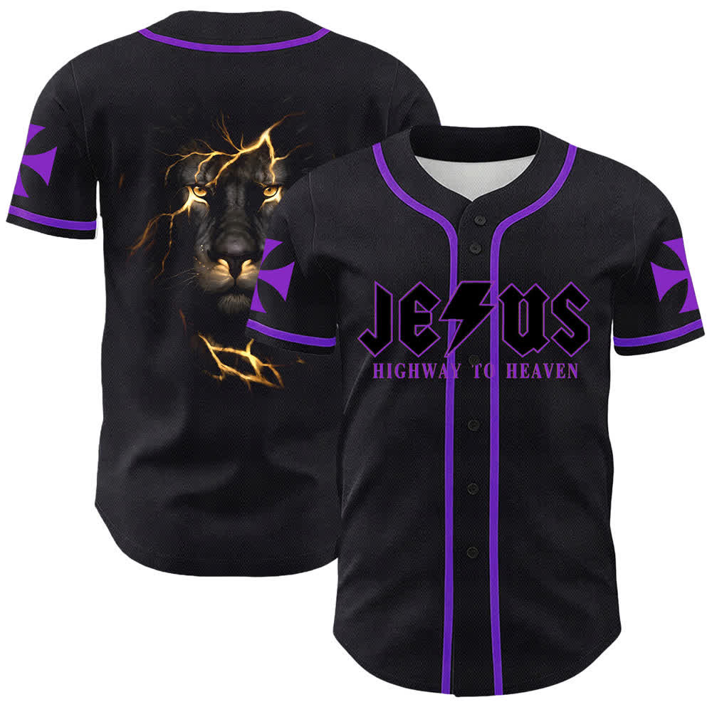 Camiseta de béisbol unisex con la imagen del León de Judá de la serie "Jesus Highway To Heaven" de Christianartworkshop, hecha con un carruaje al cielo. - Púrpura - 5XL - image 18