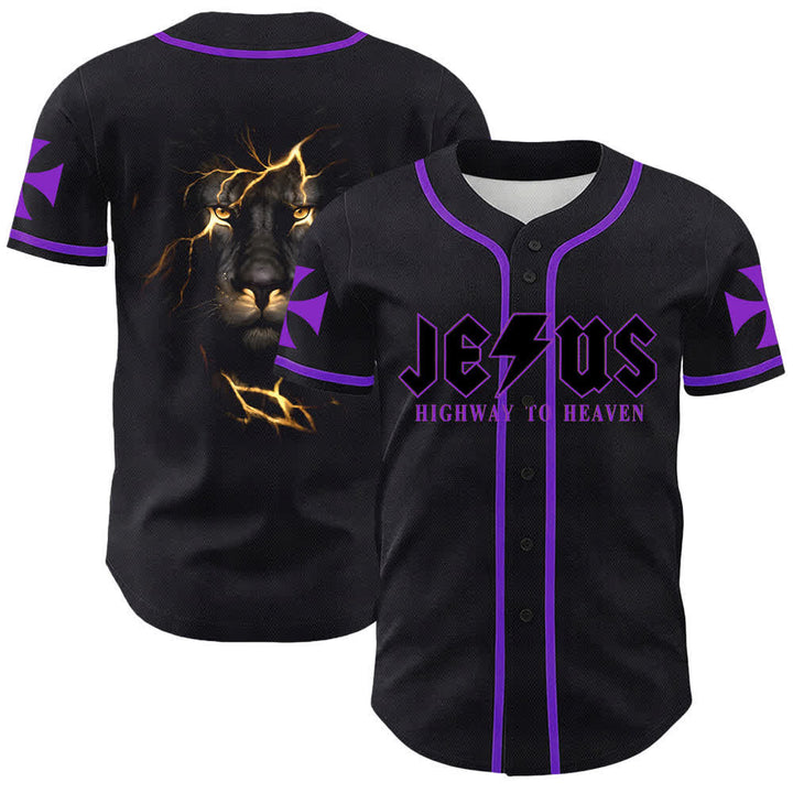 Camiseta de béisbol unisex con la imagen del León de Judá de la serie "Jesus Highway To Heaven" de Christianartworkshop, hecha con un carruaje al cielo. - Púrpura - 5XL - image 18