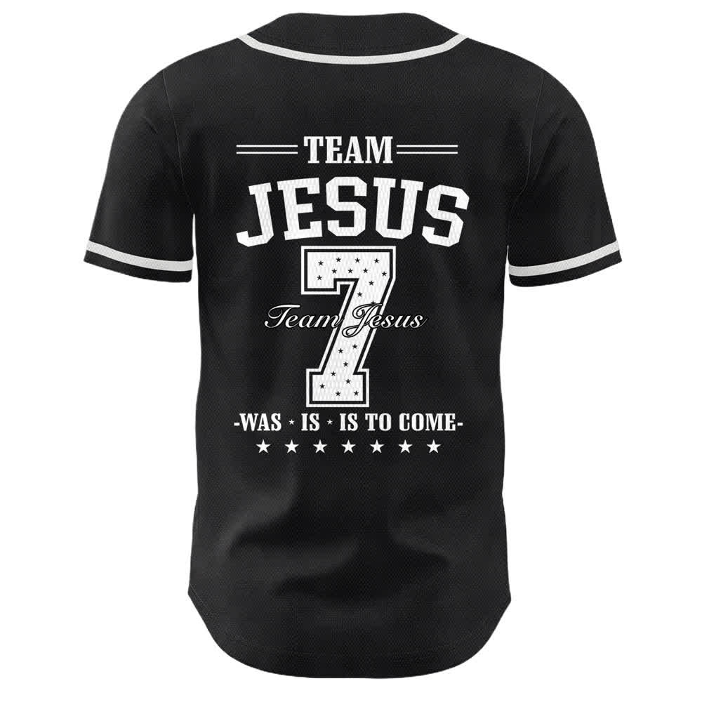 Camiseta de béisbol unisex del equipo de Christianartworkshop Jesús número 7: Fue, es, es y vendrá. - image 7