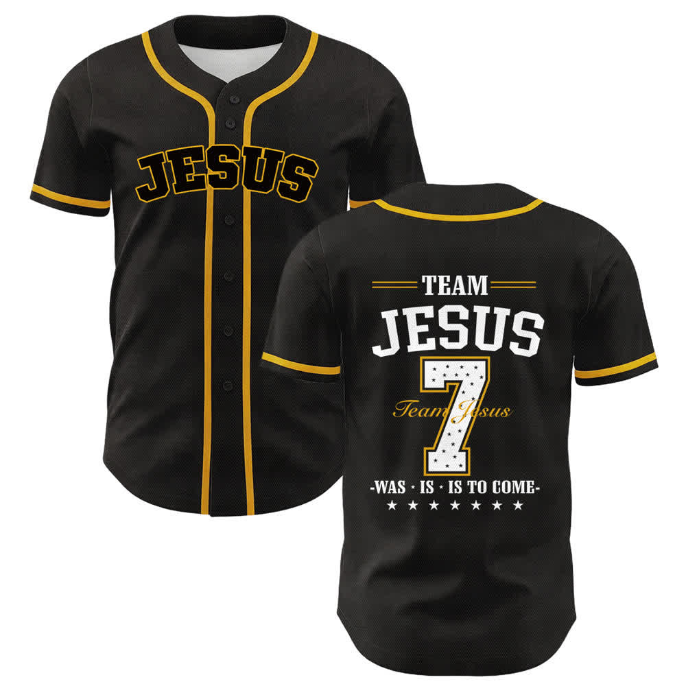 Camiseta de béisbol unisex del equipo de Christianartworkshop Jesús número 7: Fue, es, es y vendrá. - Amarillo - 5XL - image 3