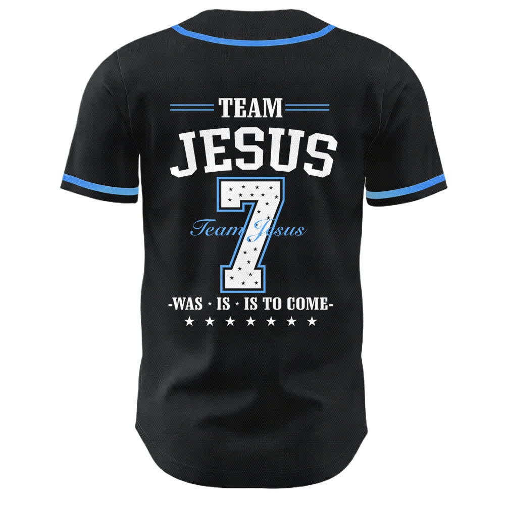 Christianartworkshop Camiseta de béisbol unisex del equipo Jesús número 7: Era, Es, Es Por Venir - image 1