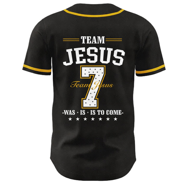 Camiseta de béisbol unisex del equipo de Christianartworkshop Jesús número 7: Fue, es, es y vendrá. - image 4