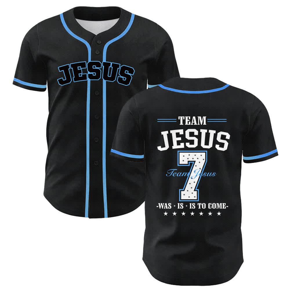 Christianartworkshop Camiseta de béisbol unisex del equipo Jesús número 7: Era, Es, Es Por Venir - Azul - 5XL - image 0