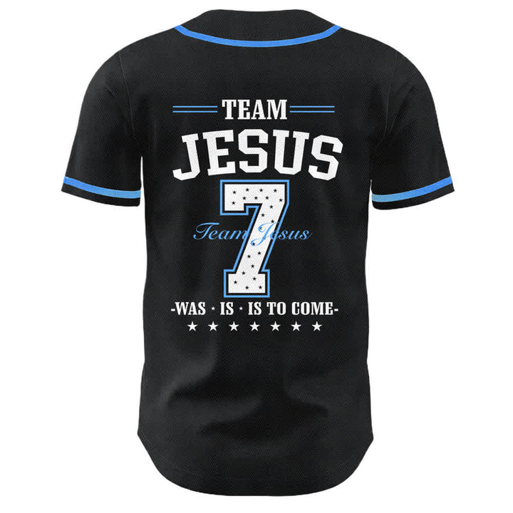 Camiseta de béisbol unisex del equipo de Christianartworkshop Jesús número 7: Fue, es, es y vendrá. - image 1