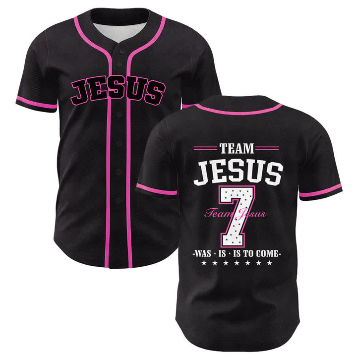 Camiseta de béisbol unisex del equipo de Christianartworkshop Jesús número 7: Fue, es, es y vendrá. - Rosa - 5XL - image 9