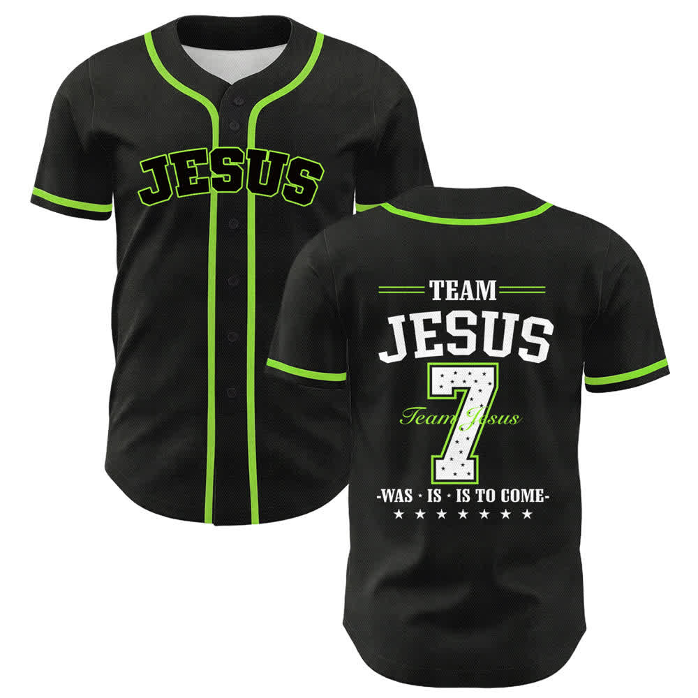 Camiseta de béisbol unisex del equipo de Christianartworkshop Jesús número 7: Fue, es, es y vendrá. - Verde claro - 5XL - image 18