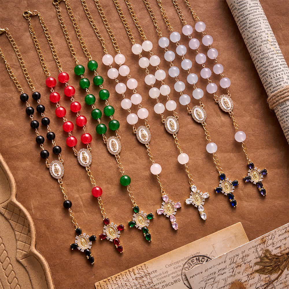 Christianartworkshop Rosario de bolsillo para coche con vidrieras multicolores y cruz de Nuestra Señora de Guadalupe adornada con joyas. - image 1